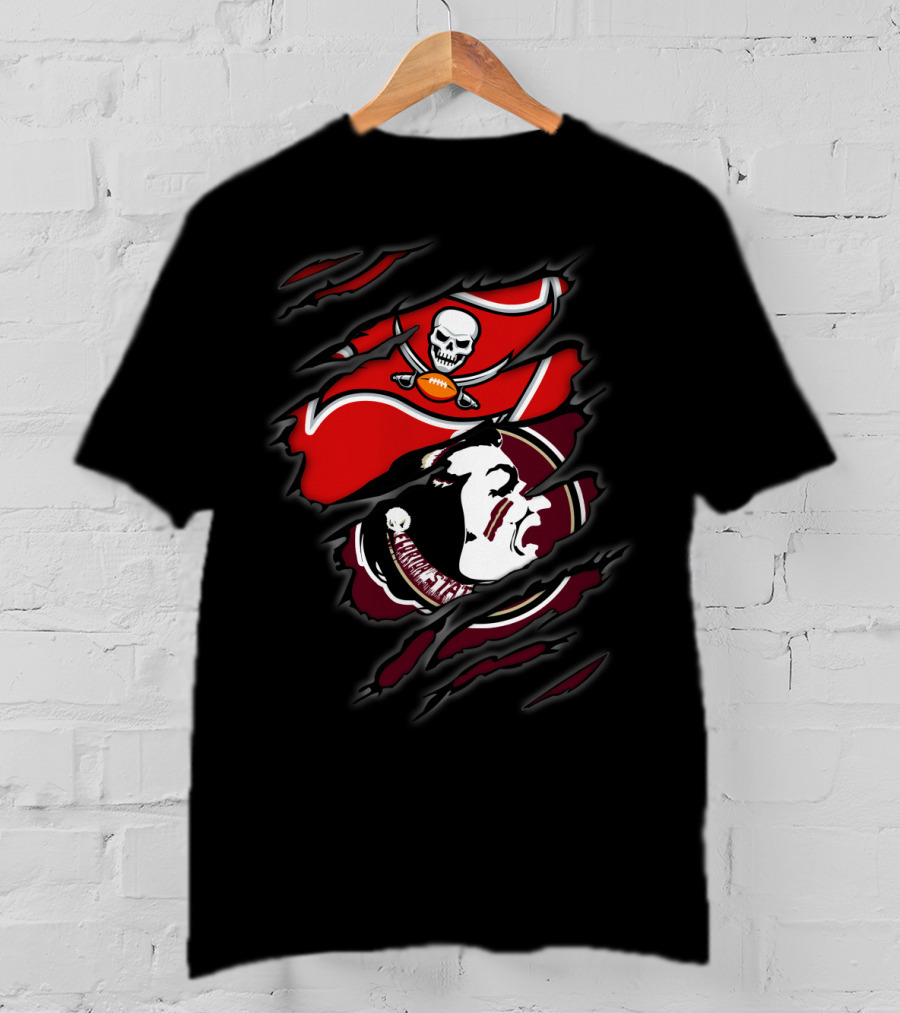 Buccaneers Seminoles Torn Logos Featuring Skull Pirate And Warrior Head T-Shirt