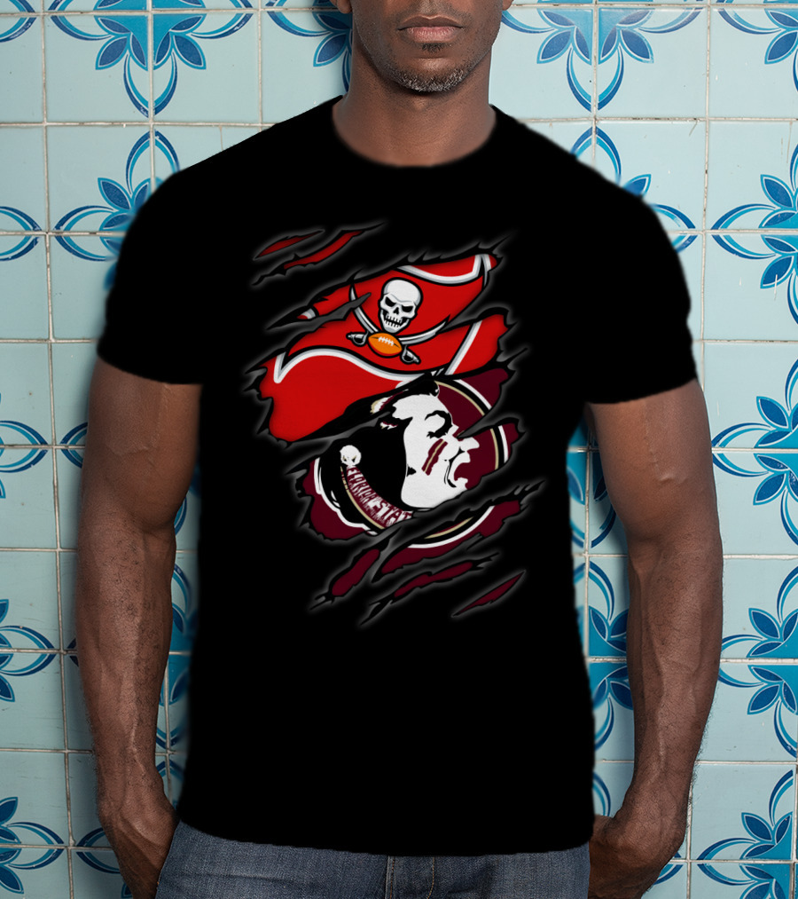 Buccaneers Seminoles Torn Logos Featuring Skull Pirate And Warrior Head T-Shirt
