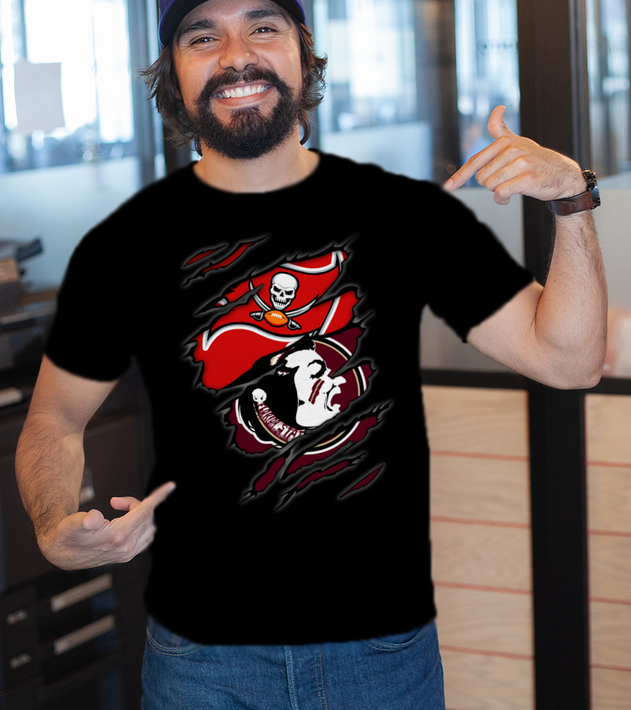 Buccaneers Seminoles Torn Logos Featuring Skull Pirate And Warrior Head T-Shirt