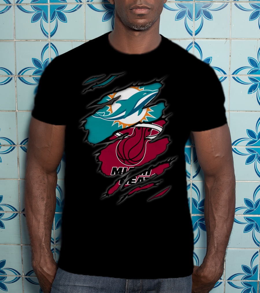 Miami Dolphins Miami Heat Crossover Collaboration Logos T-Shirt