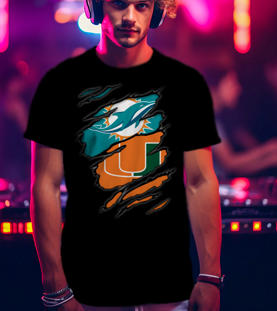Miami Dolphins Miami Hurricanes Logo Fusion T-Shirt