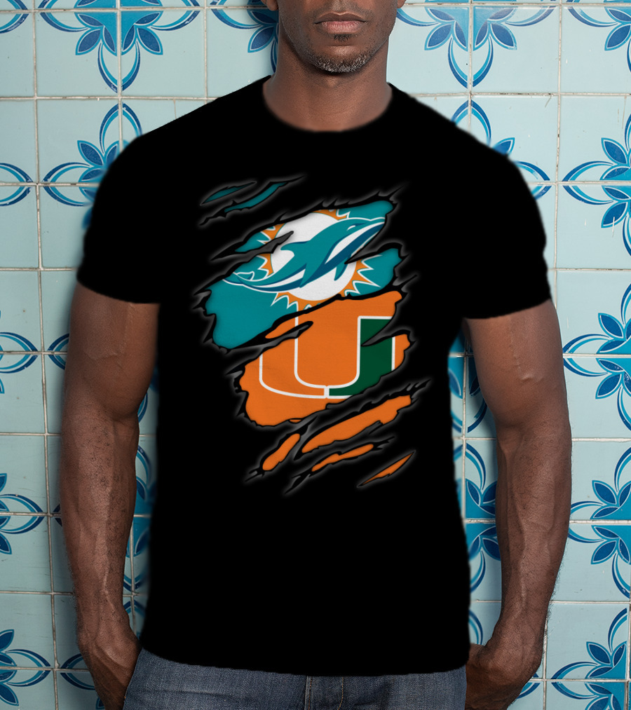 Miami Dolphins Miami Hurricanes Logo Fusion T-Shirt