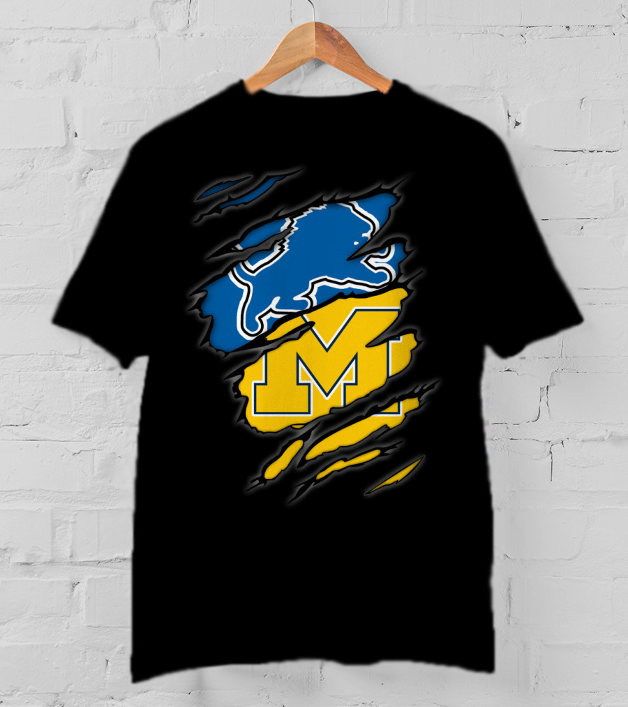 Detroit Lions Michigan Wolverines Football Fan Logo Crossover T-Shirt