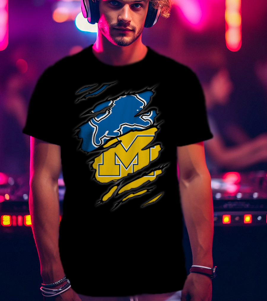 Detroit Lions Michigan Wolverines Football Fan Logo Crossover T-Shirt