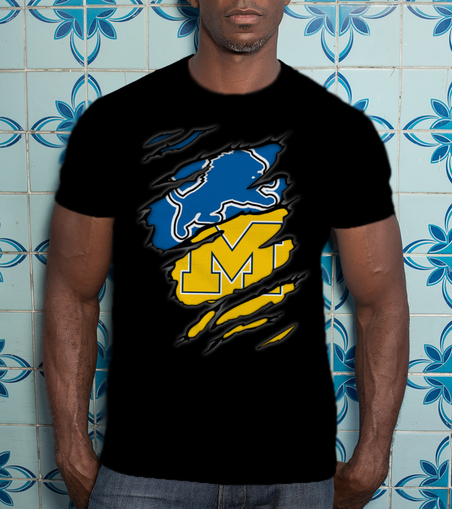 Detroit Lions Michigan Wolverines Football Fan Logo Crossover T-Shirt