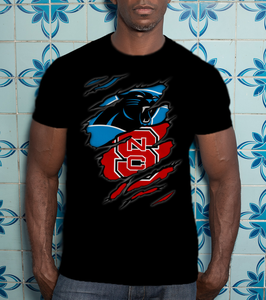 Carolina Panthers Nc State Wolfpack Hybrid Logo Ripped T-Shirt