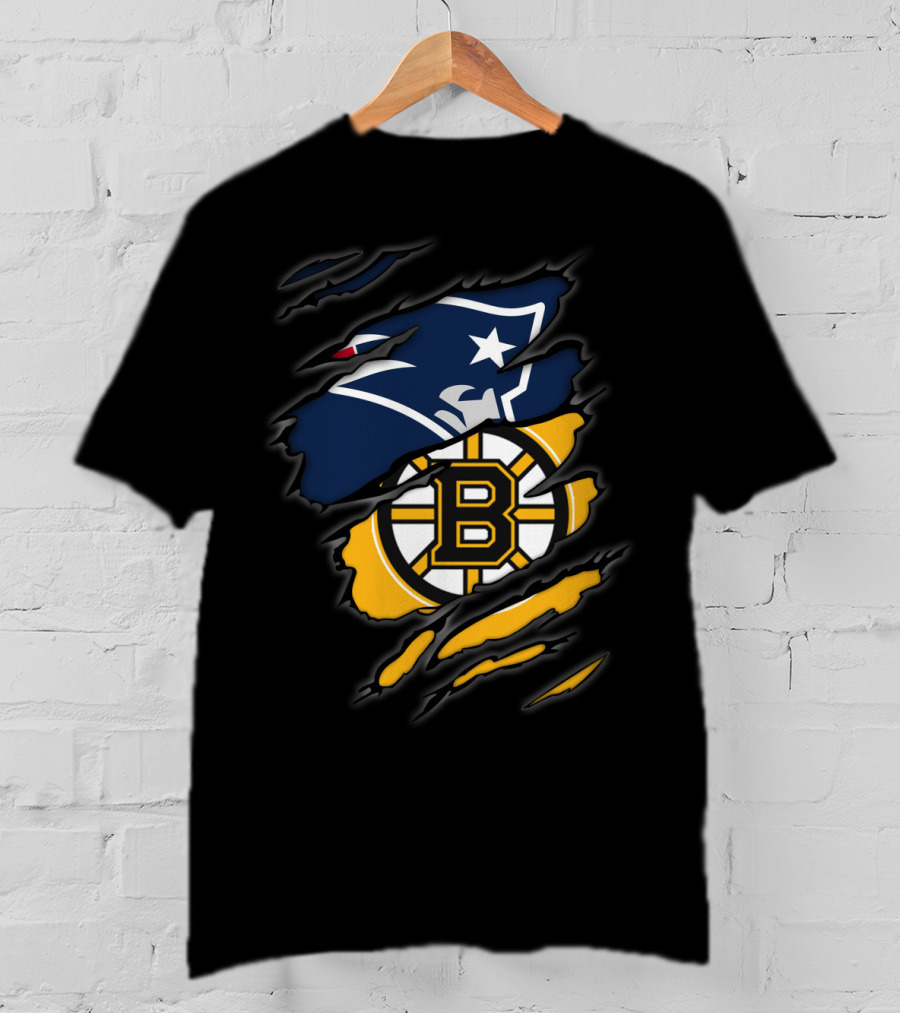 Patriots Bruins Torn Team Fusion New England Boston Sports Logos T-Shirt