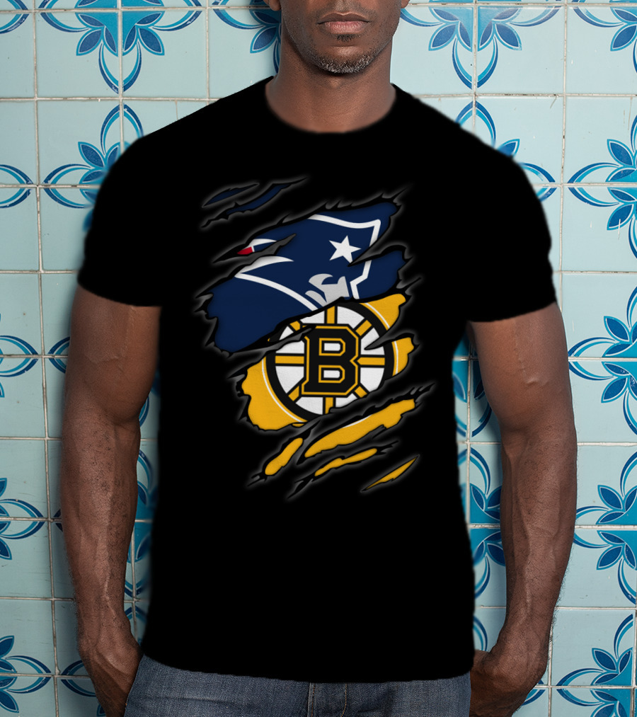 Patriots Bruins Torn Team Fusion New England Boston Sports Logos T-Shirt