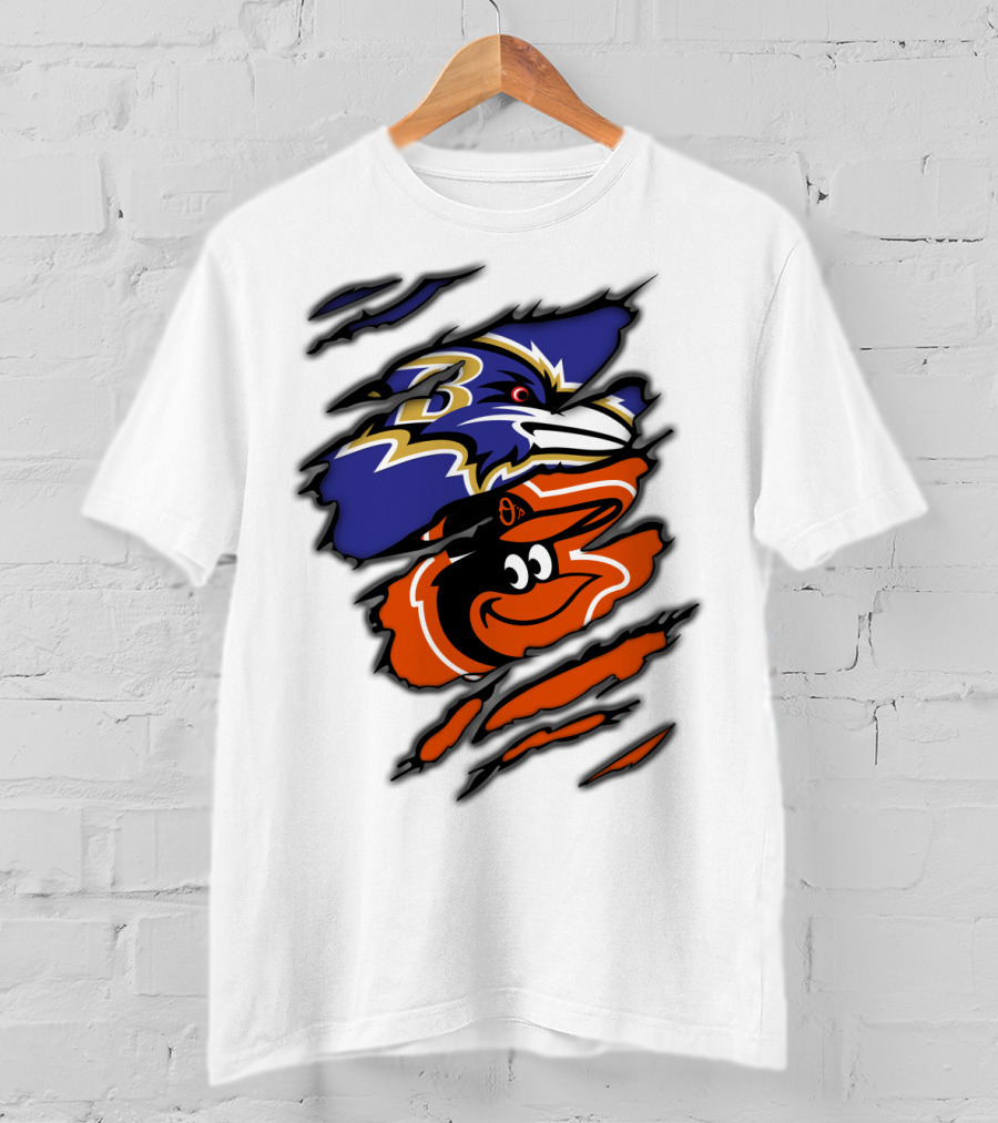 Baltimore Ravens Orioles Logos Ripped T-Shirt