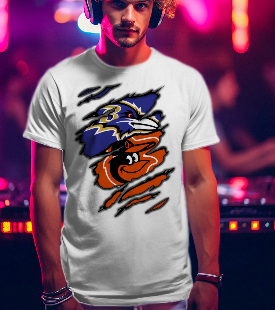 Baltimore Ravens Orioles Logos Ripped T-Shirt
