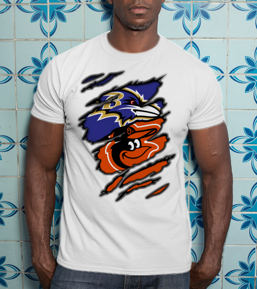 Baltimore Ravens Orioles Logos Ripped T-Shirt