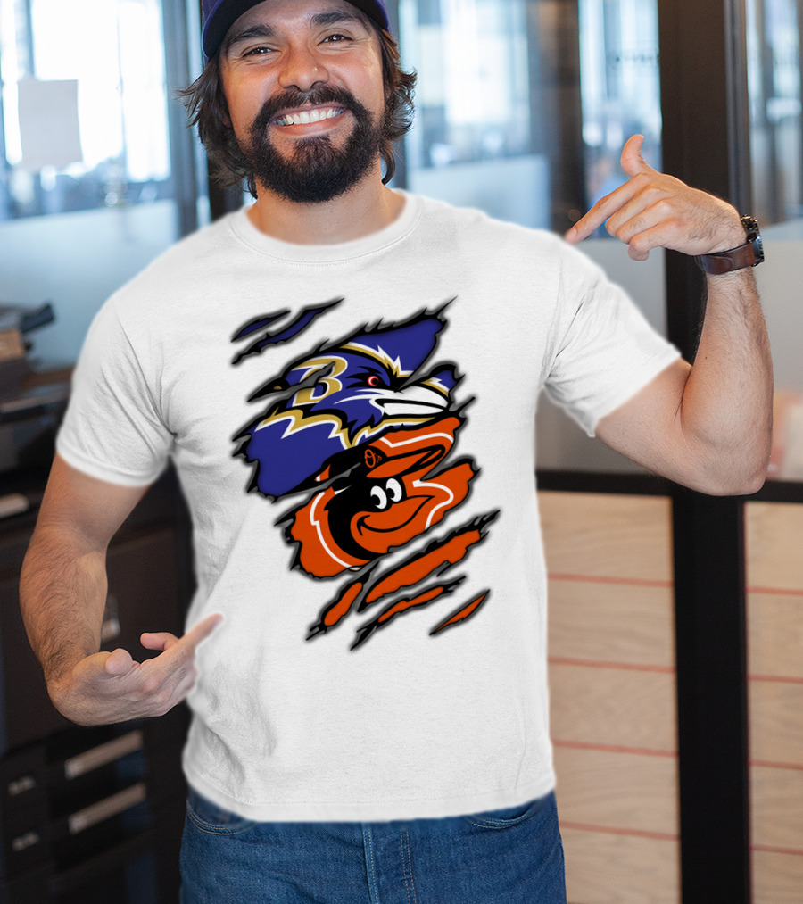 Baltimore Ravens Orioles Logos Ripped T-Shirt