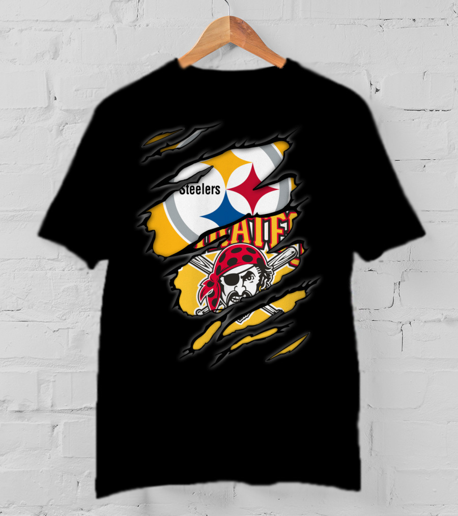 Steelers Pirates Logo Mashup Ripped Effect T-Shirt