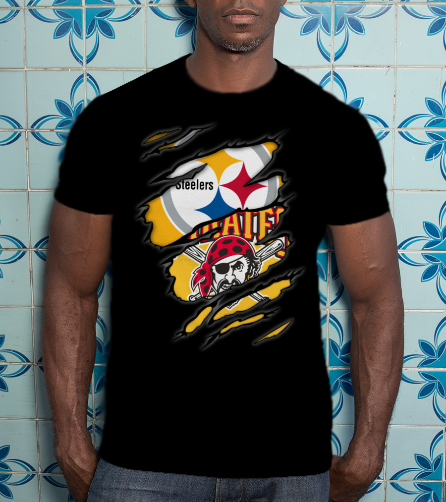 Steelers Pirates Logo Mashup Ripped Effect T-Shirt