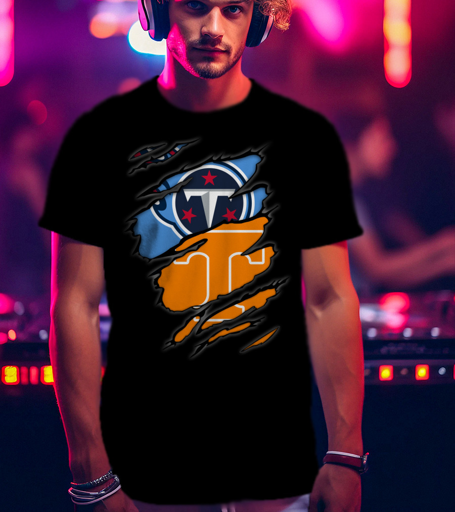 Tennessee Titans Volunteers Ripped Dual Logo Football Team Fan Gear T-Shirt