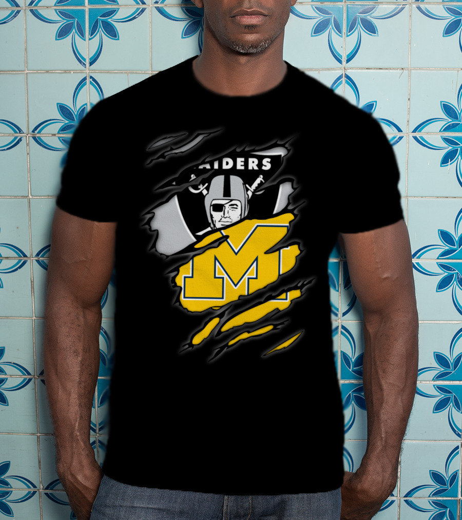 Raiders Oakland Helmet With Michigan Block M Fusion T-Shirt