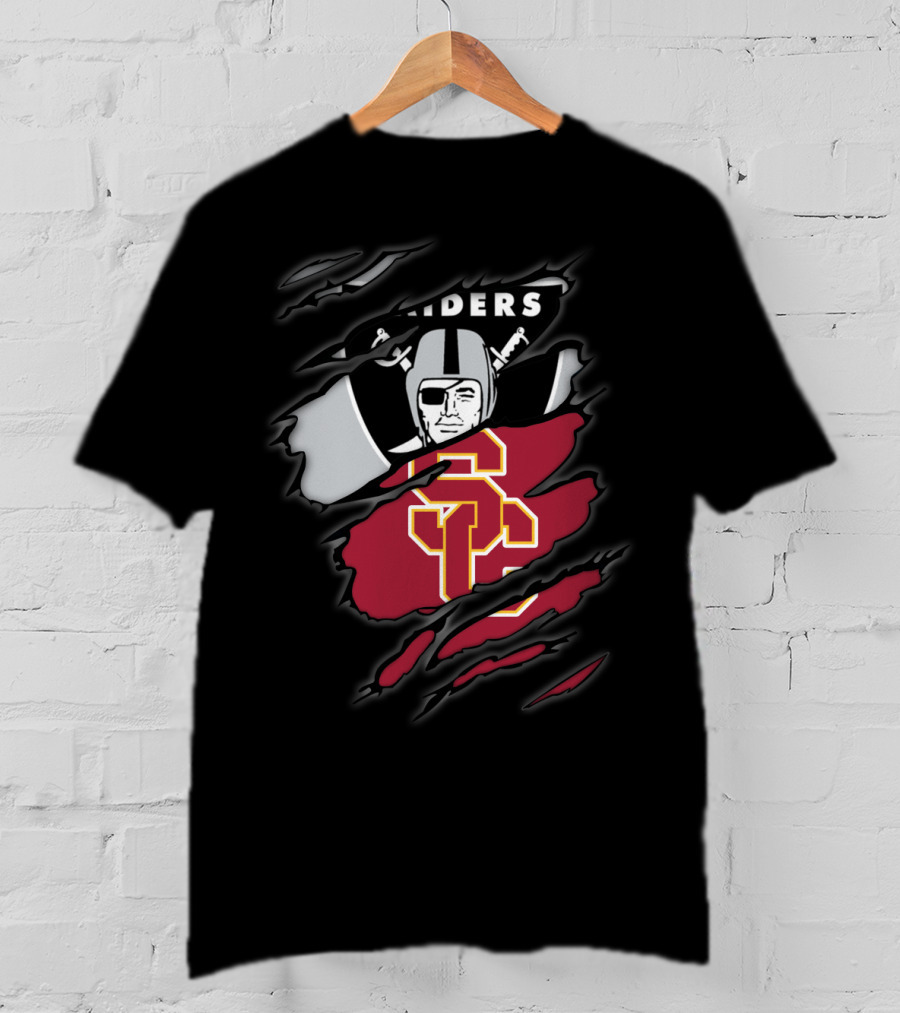 Raiders Trojans USC Los Angeles Football Torn Effect Logo Mix T-Shirt