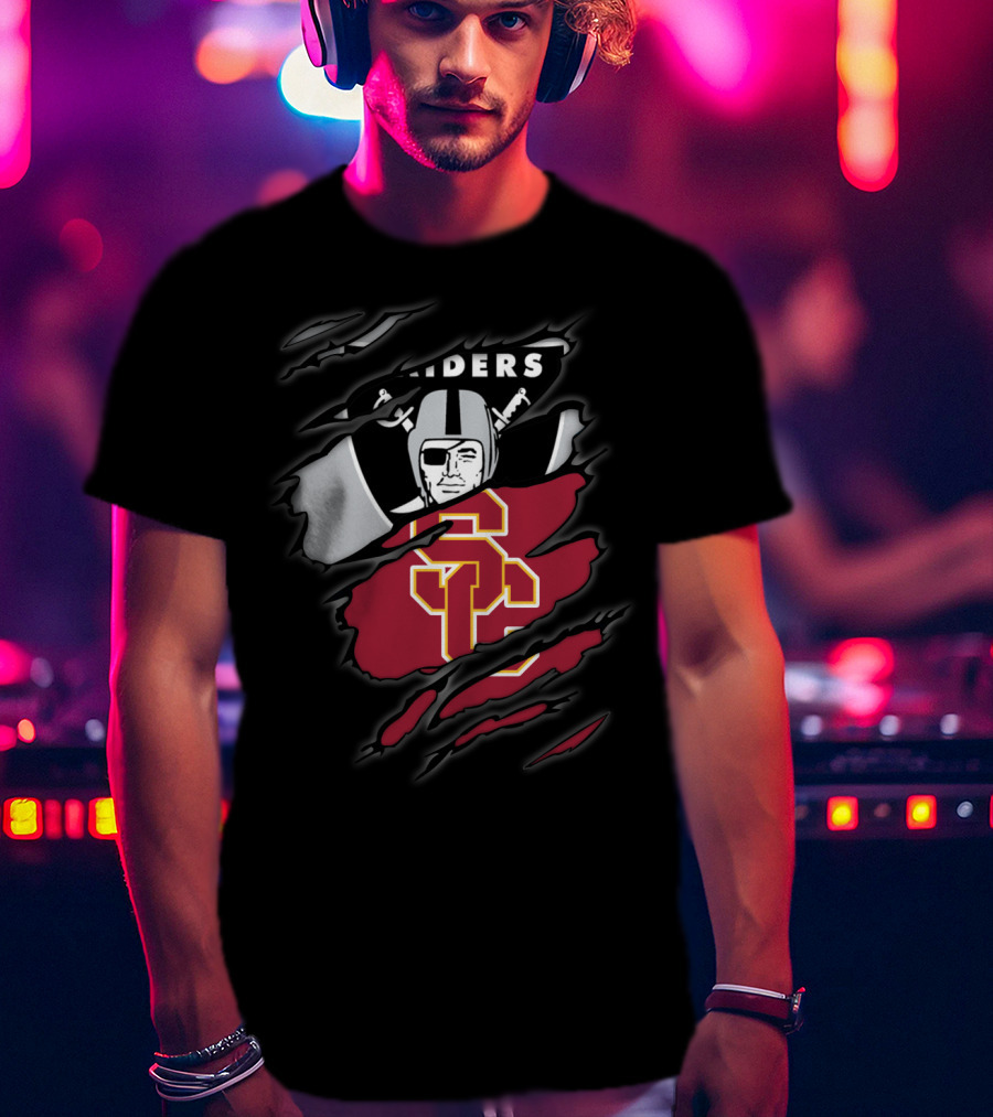 Raiders Trojans USC Los Angeles Football Torn Effect Logo Mix T-Shirt