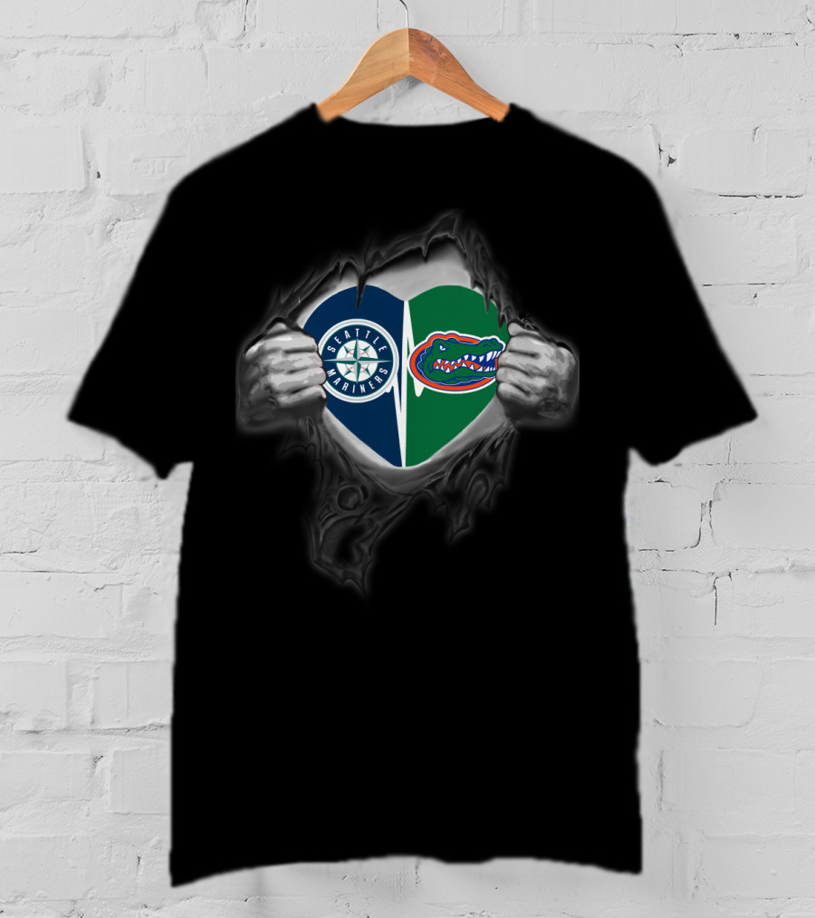 Seattle Mariners Florida Gators Heart Logos Peeking Hands T-Shirt