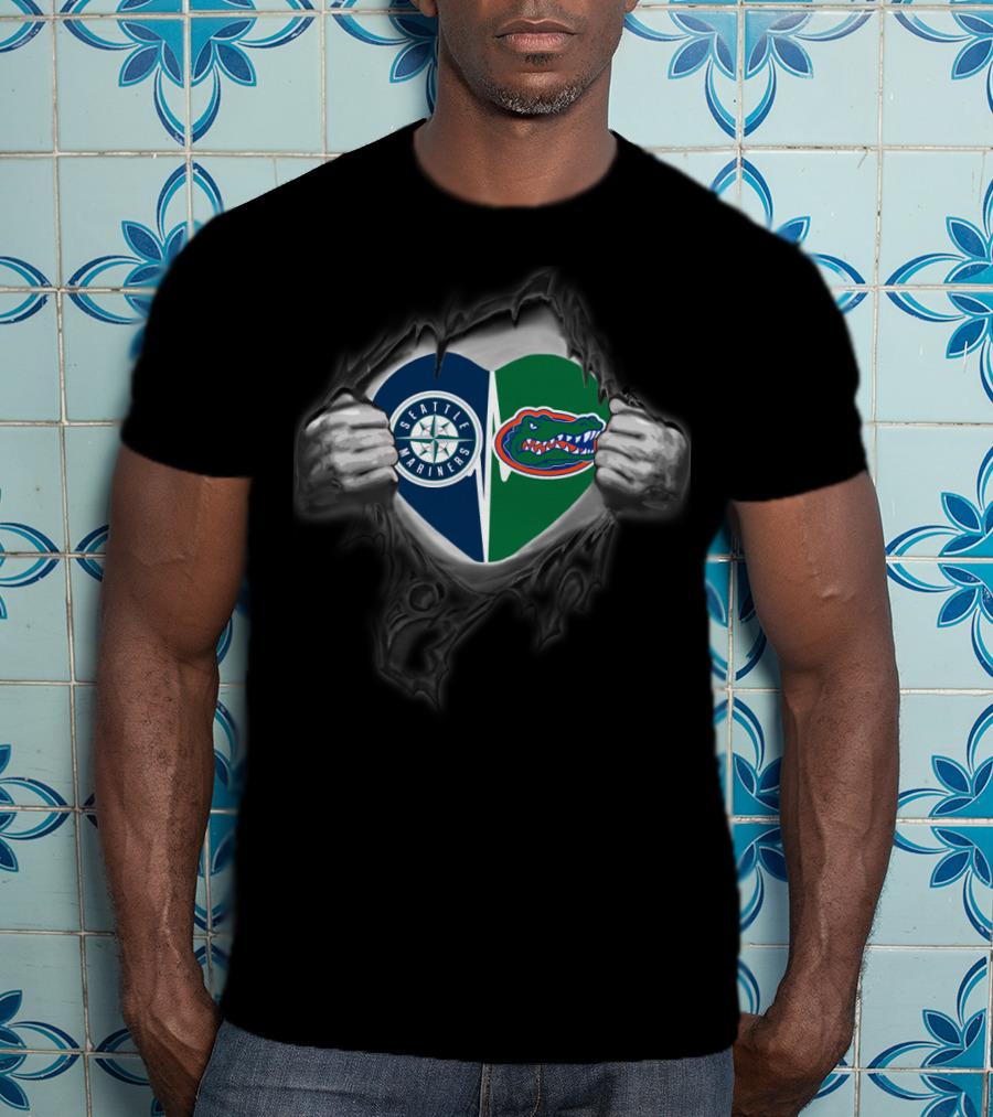 Seattle Mariners Florida Gators Heart Logos Peeking Hands T-Shirt