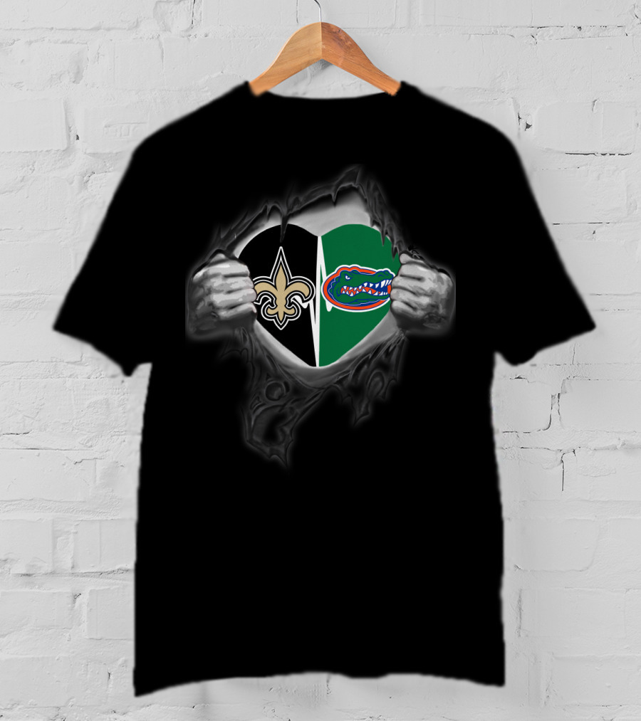 Saints Fleur-de-lis And Florida Gators Logo Heart T-Shirt