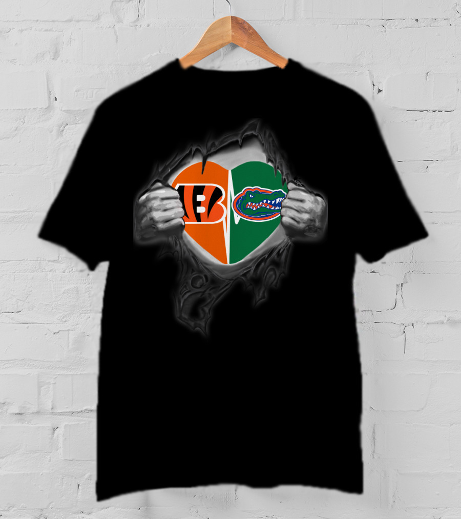 Bengals Gators Heart Logo Split With Tear Effect T-Shirt
