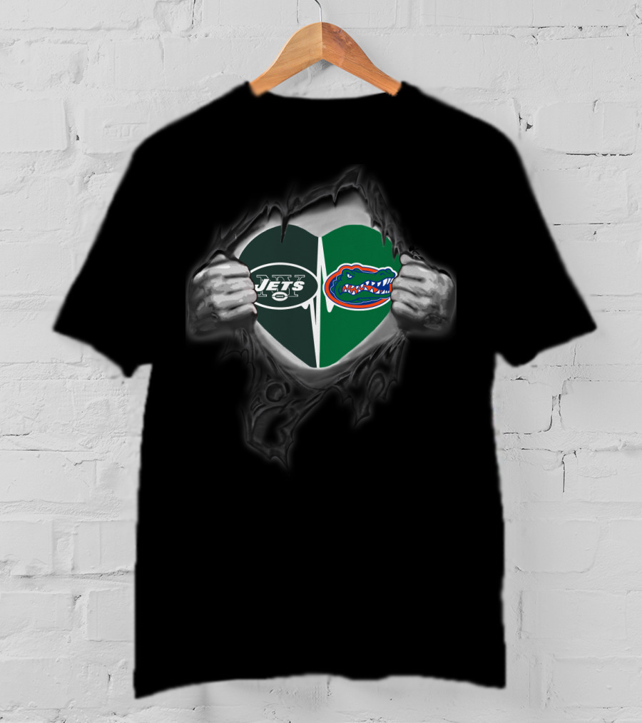 Jets Gators Heart Tearing Open Fusion Nfl College Football T-Shirt