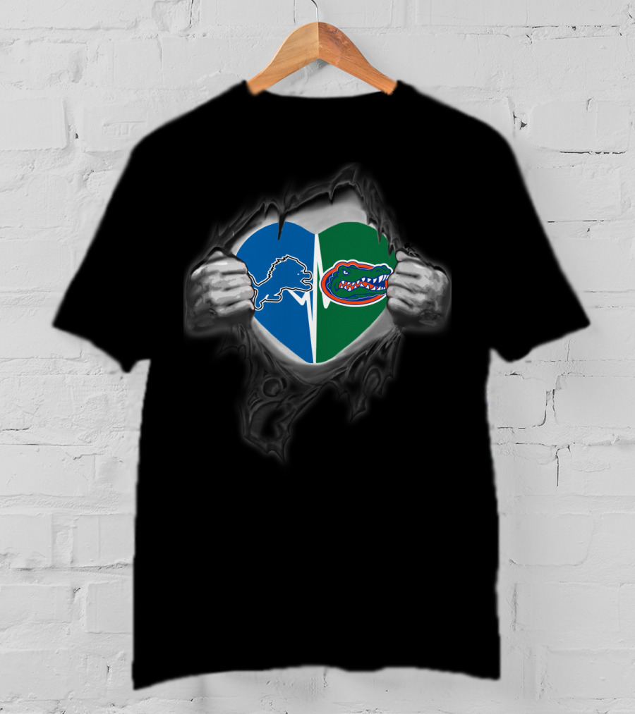 Lions Gators Heart Logos Pulled Apart T-Shirt