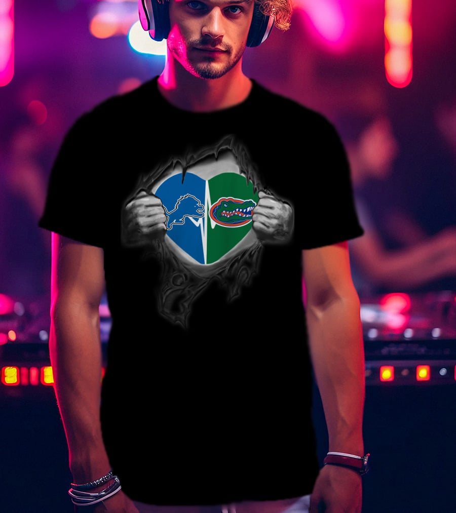 Lions Gators Heart Logos Pulled Apart T-Shirt
