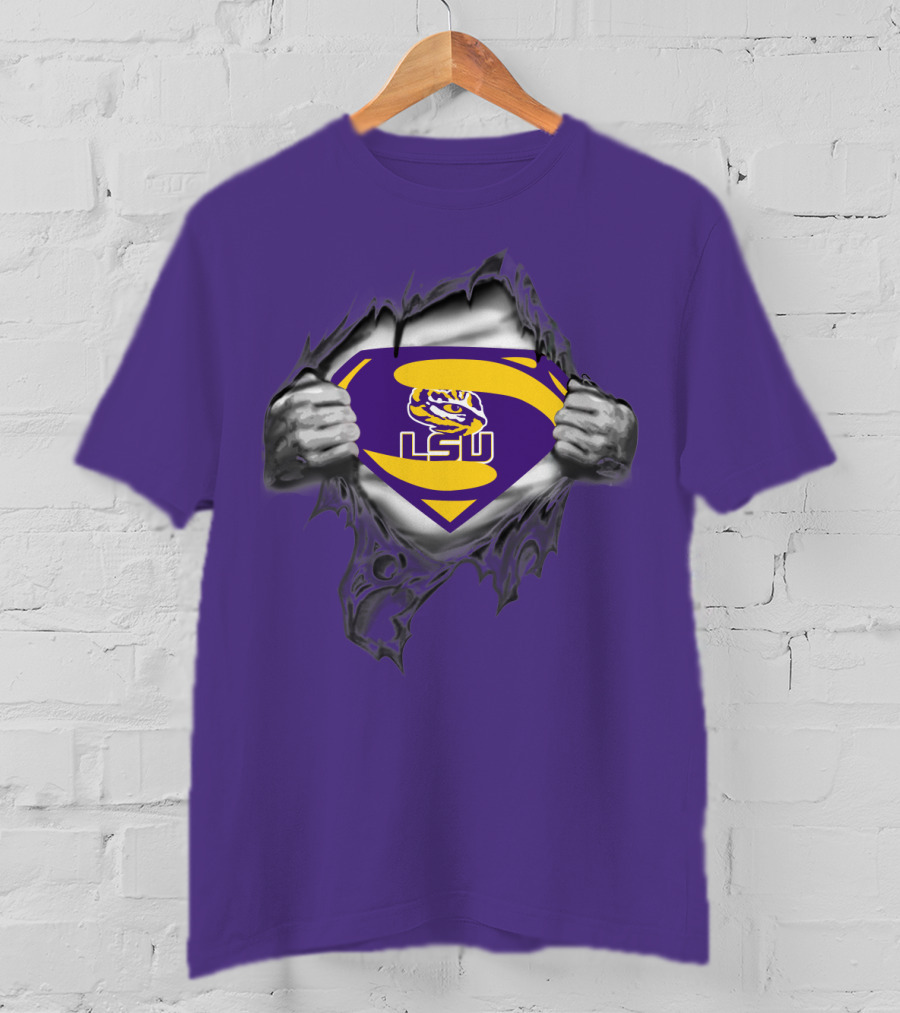 LSU Tigers Superman Logo With Hands Ripping Purple T-Shirt