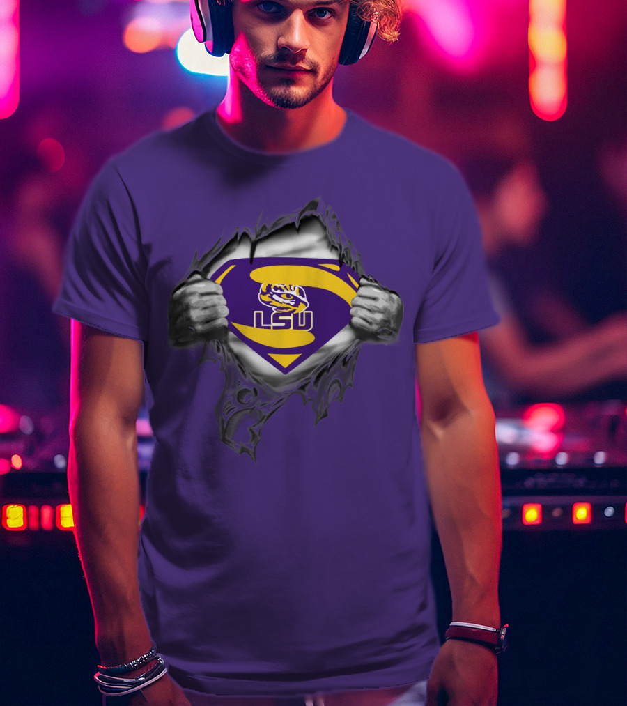 LSU Tigers Superman Logo With Hands Ripping Purple T-Shirt