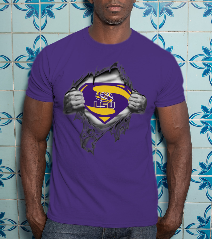 LSU Tigers Superman Logo With Hands Ripping Purple T-Shirt