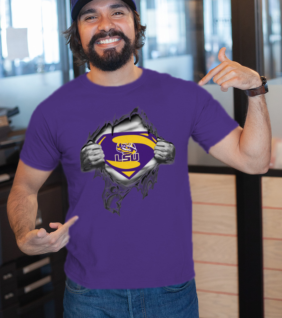 LSU Tigers Superman Logo With Hands Ripping Purple T-Shirt