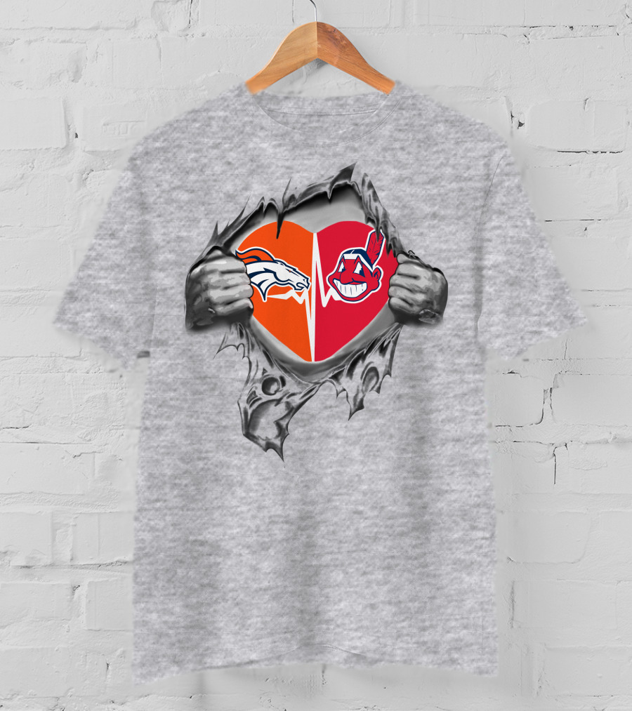 Broncos Indians Heart Symbol With Torn Chest Effect T-Shirt