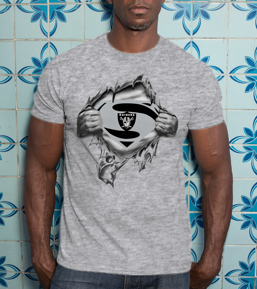 Raiders Super Man Emblem With Raider Logo In Torn Fabric T-Shirt