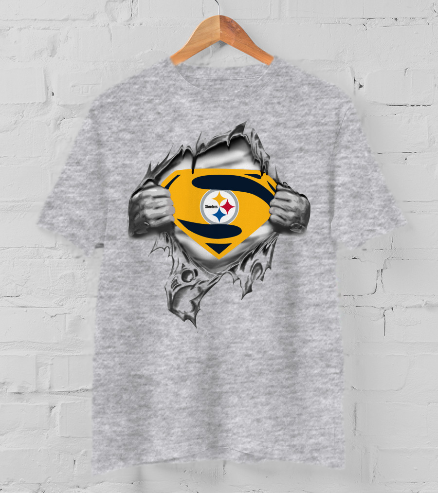 Steelers Super Man Logo With Ripped Metal Effect T-Shirt