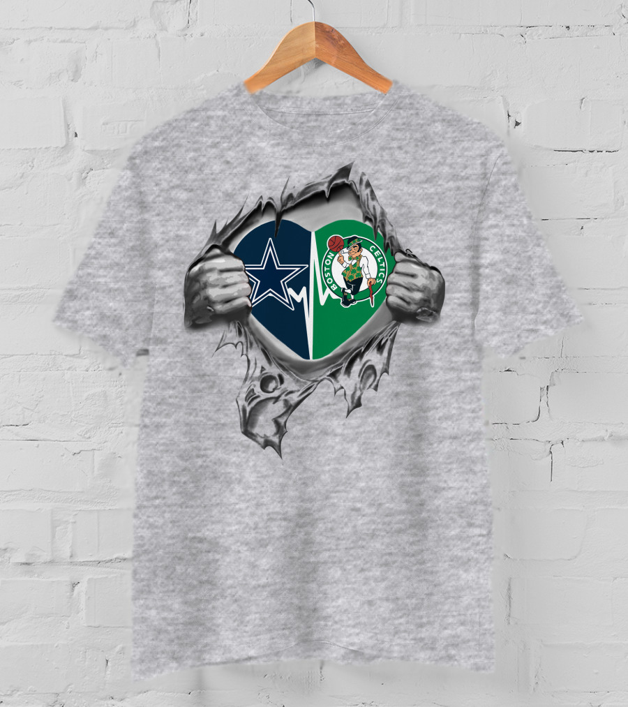 Cowboys Celtics Heart Torn Allegiance With Logo Hearts And Ripped Hands T-Shirt