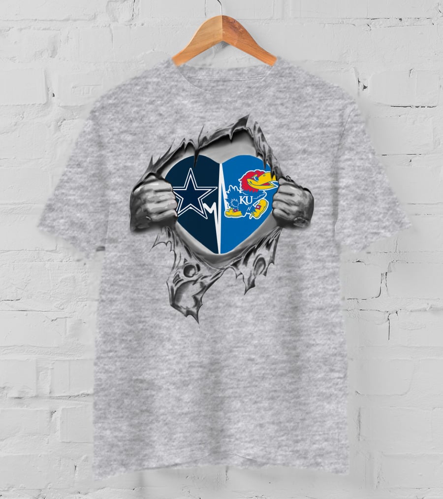 Cowboys Kansas Jayhawks Heart With Dallas Cowboys Star And KU Jayhawk Mascot T-Shirt