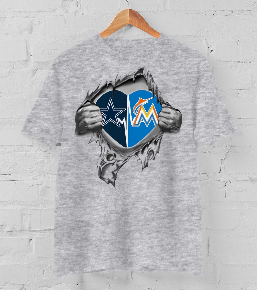Cowboys Marlins Heart Design With Team Logos And Ripped Effect T-Shirt