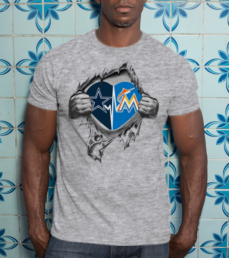 Cowboys Marlins Heart Design With Team Logos And Ripped Effect T-Shirt