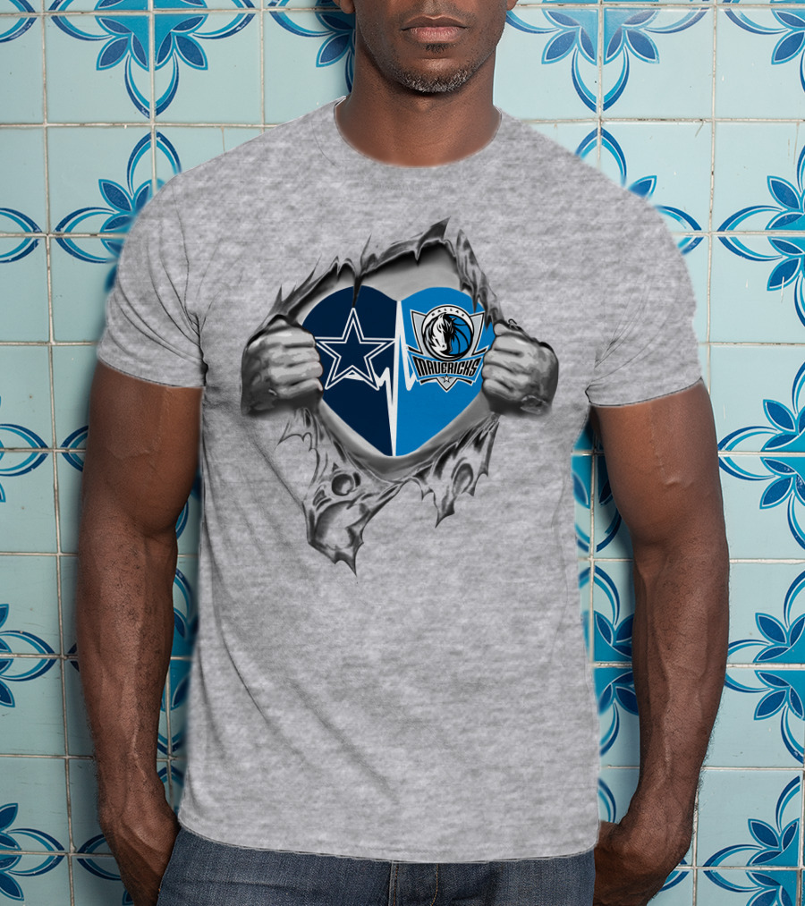 Cowboys Mavericks Heart Design With Split Logos And Torn Hands T-Shirt