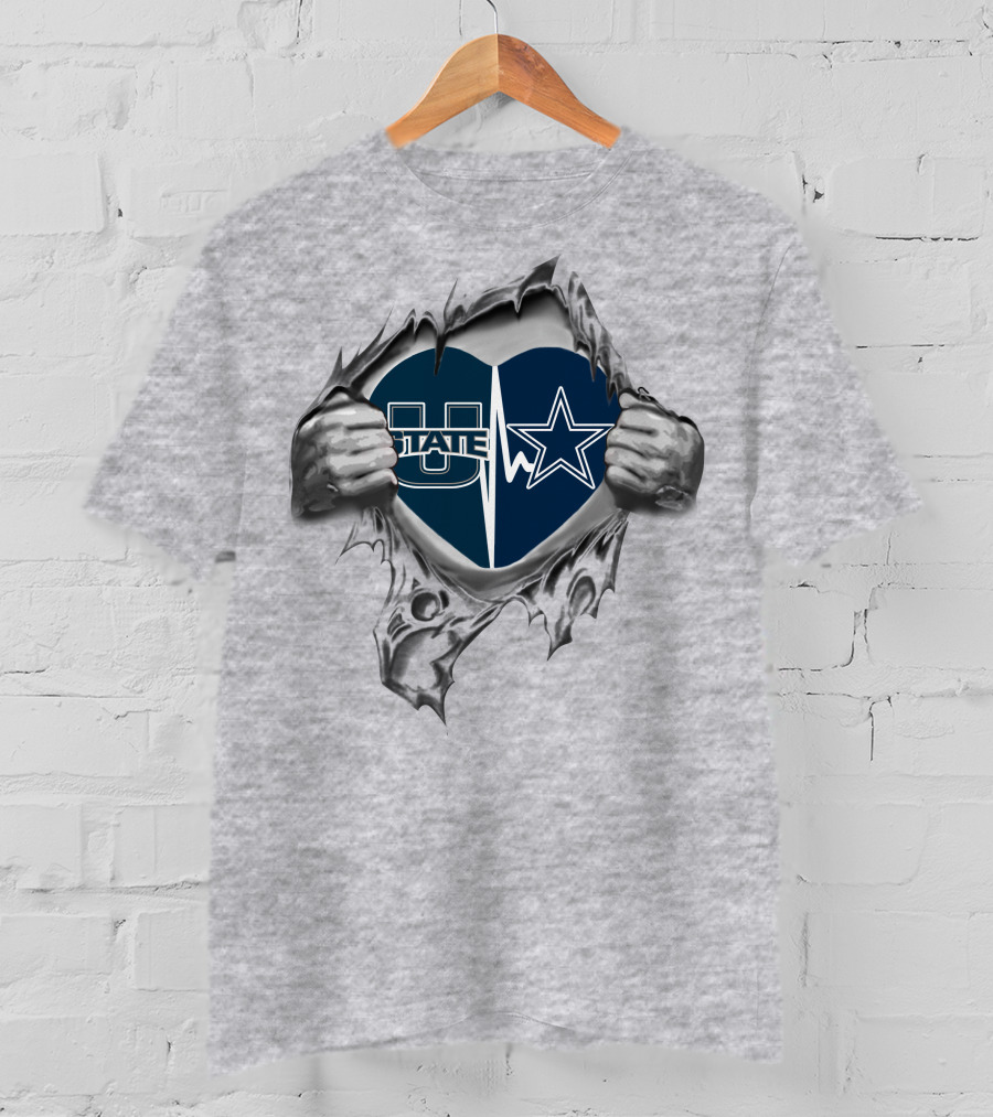 Utah State Cowboys Heart Design Football T-Shirt