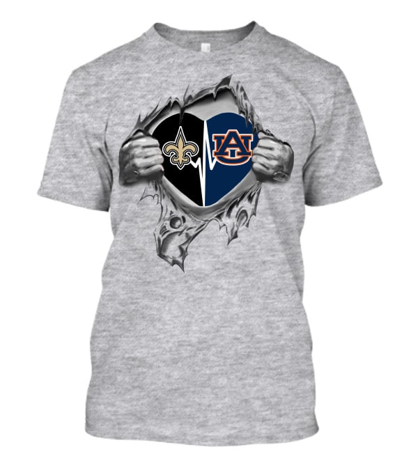New Orleans Saints Auburn Tigers Heartbeat Tearing Open T-Shirt