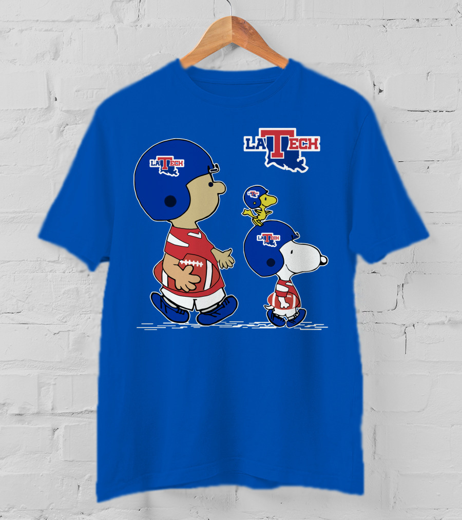 LA Tech Snoopy Football Helmet With Woodstock And Charlie Brown T-Shirt