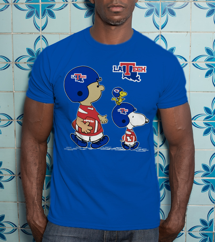 LA Tech Snoopy Football Helmet With Woodstock And Charlie Brown T-Shirt