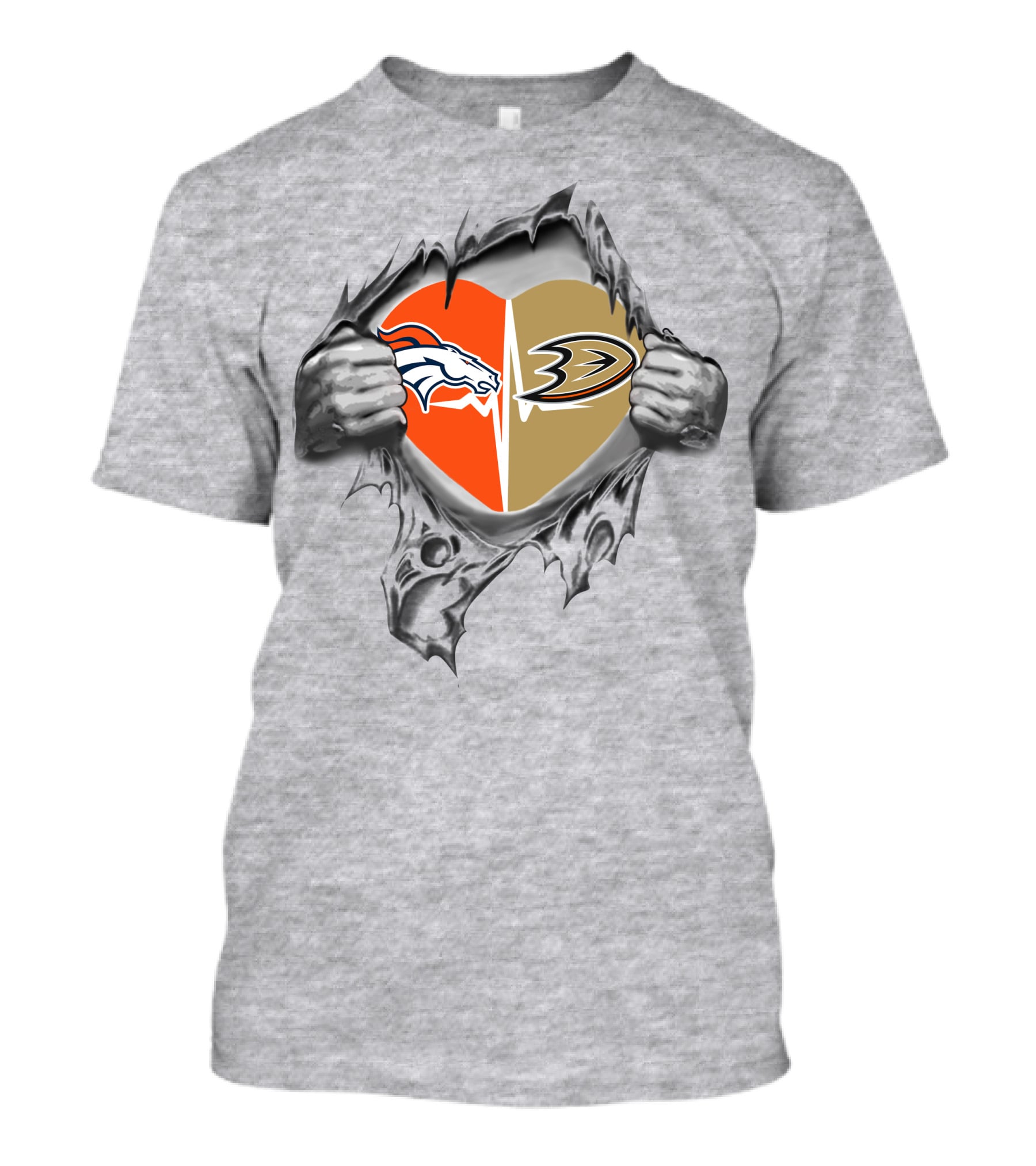Broncos Anaheim Ducks Split Heart Loyalty Torn Open T-Shirt