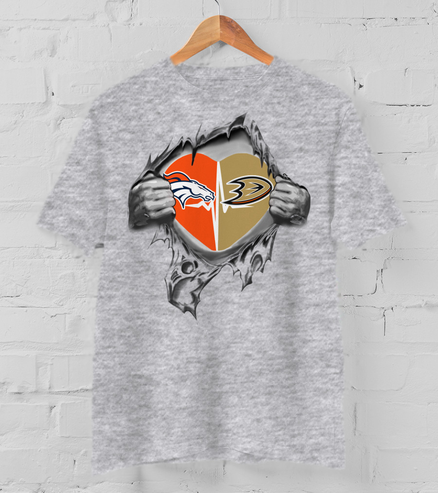 Broncos Anaheim Ducks Split Heart Loyalty Torn Open T-Shirt