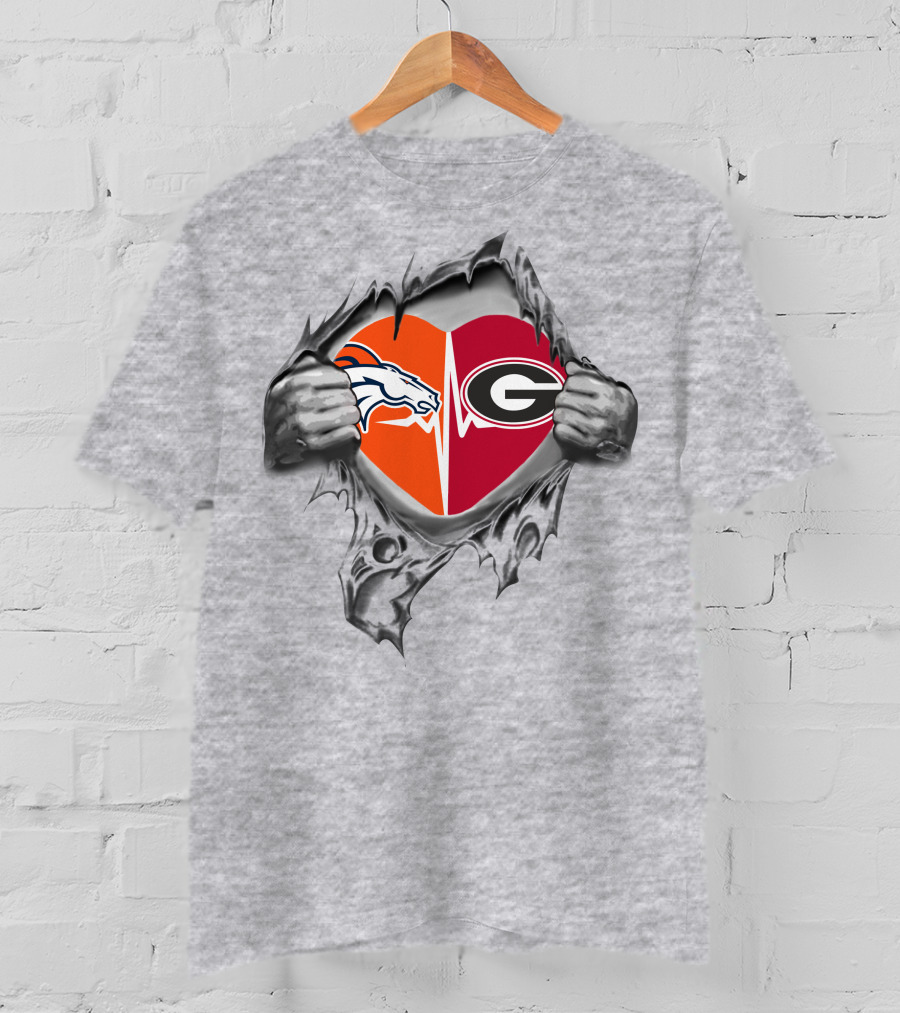 Broncos And Bulldogs Heart With Denver And Georgia Logos In Torn Steel T-Shirt