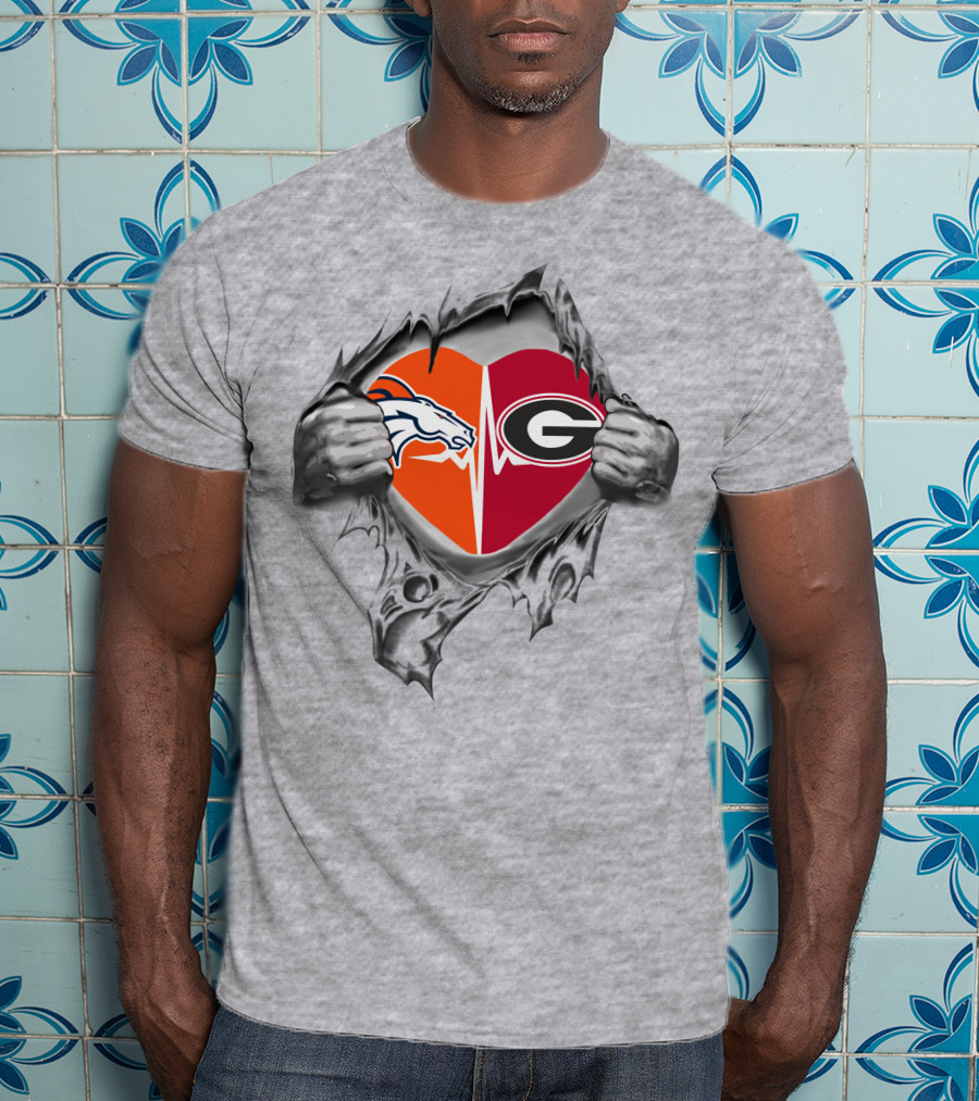 Broncos And Bulldogs Heart With Denver And Georgia Logos In Torn Steel T-Shirt