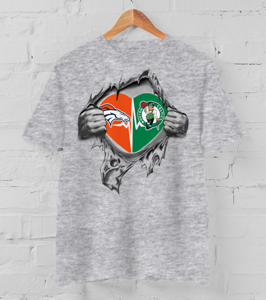 Heart Torn Open Broncos Celtics Fusion T-Shirt